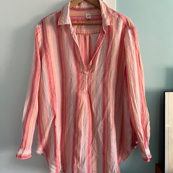 GAP 100% Linen Boyfriend Popover Tunic, Pink Stripes, XXL - Picture 2 of 10